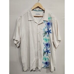 Tommy Bahama 100% Silk Shirt Mens XL Short Sleeve  Floral Embroidery Loop Collar